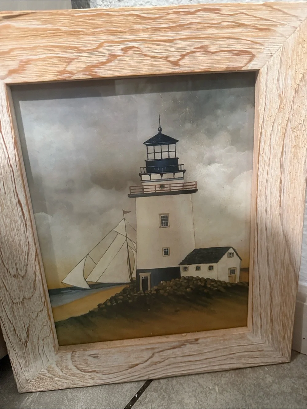Framed Coastal Lighthouse Wall Art - Natural Wood - 16” x 13”
